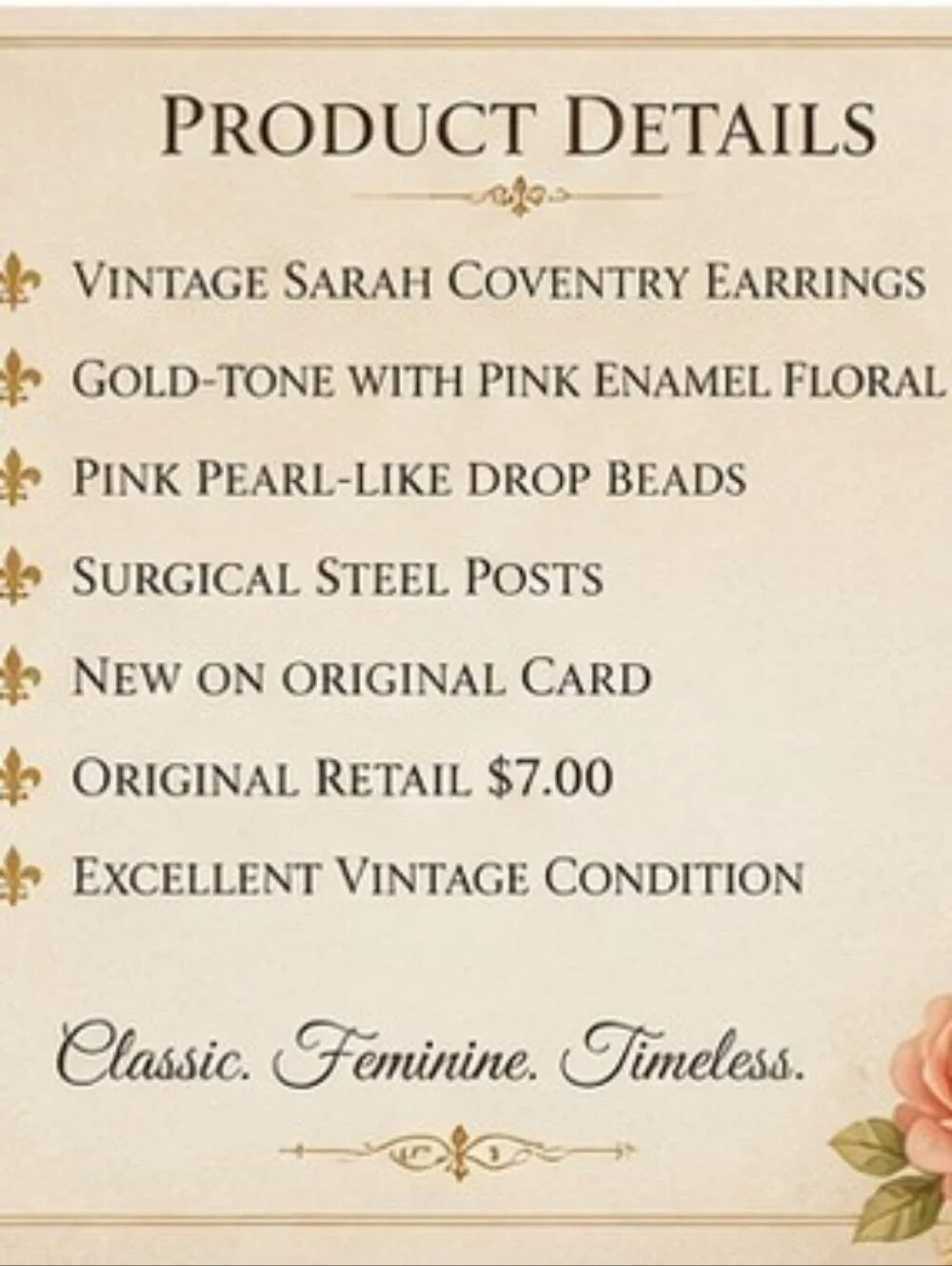 Vintage Sarah Coventry Pink Enamel Floral Pearl Drop Earrings NOS